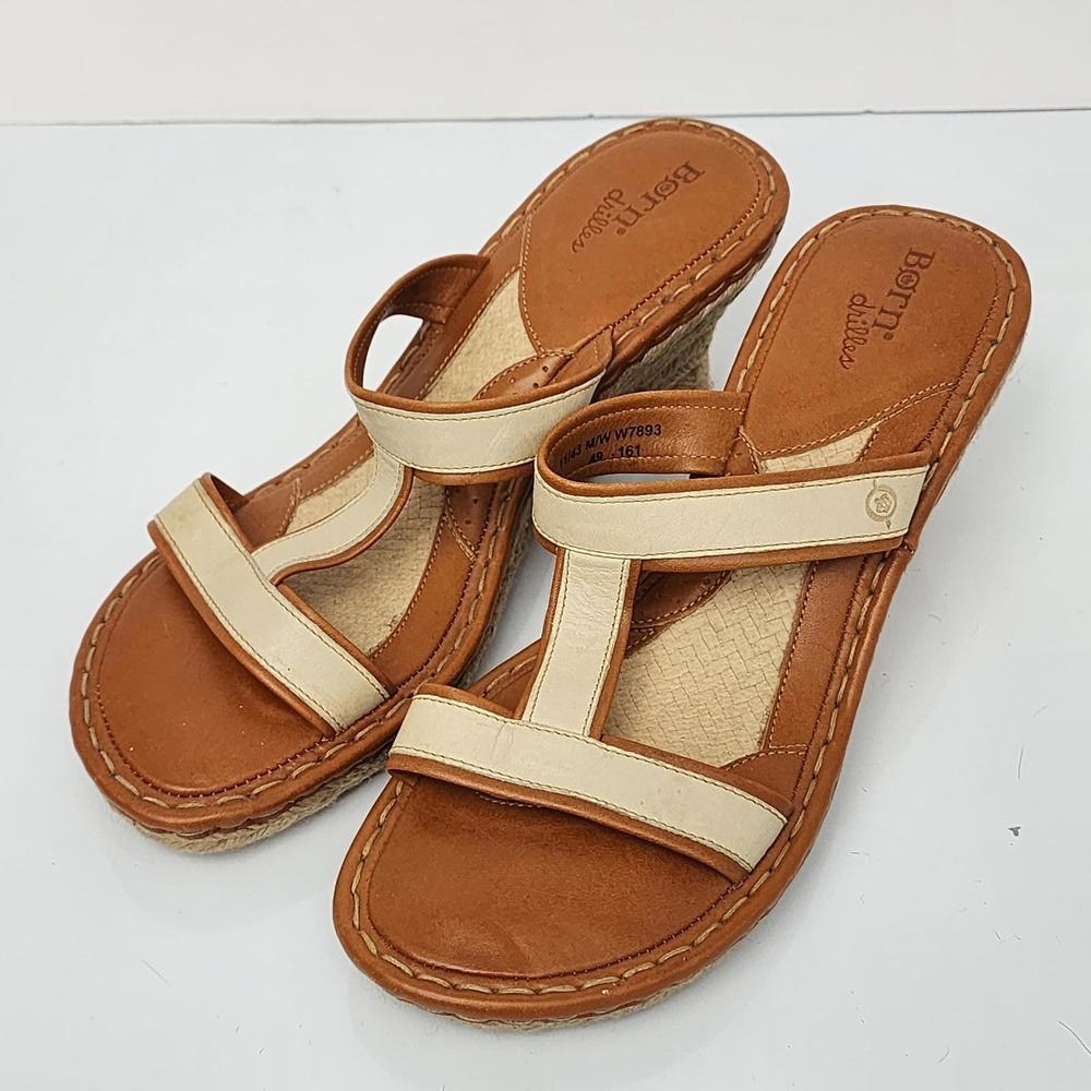 Born Drilles Orange Beige Leather Open Toe Slides Espadrille Wedge Size 11
